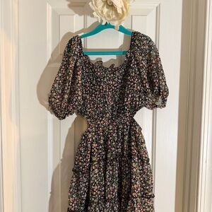 Girls' Black Floral Puff-Sleeve Dress cut out